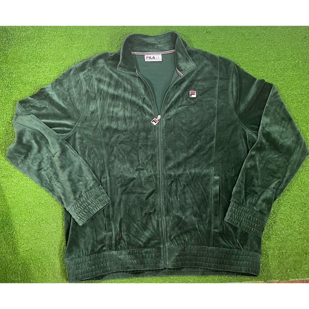 Vintage FILA Velour Track Jacket 2XL Full Gold Zipper Forest Green Y2K Baggy Fit